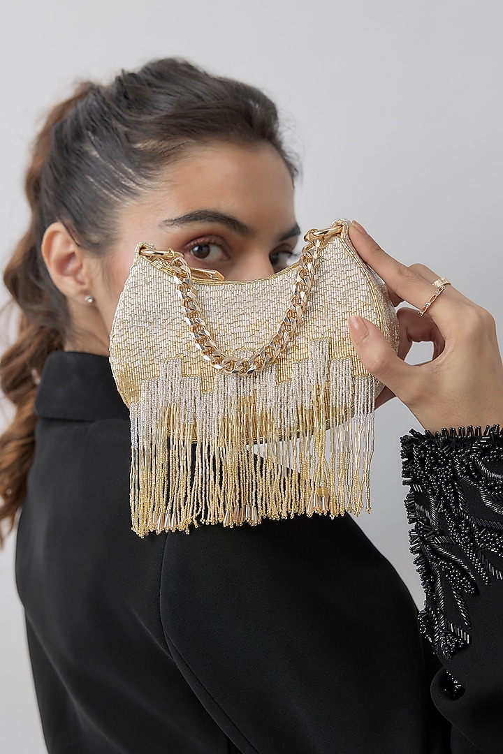 Golden Satin Micro Bead Hand Embroidered Clutch by Lovetobag at Pernia's Pop Up Shop