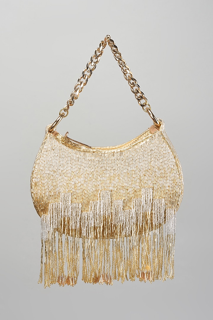 Golden Satin Micro Bead Hand Embroidered Clutch by Lovetobag at Pernia's Pop Up Shop