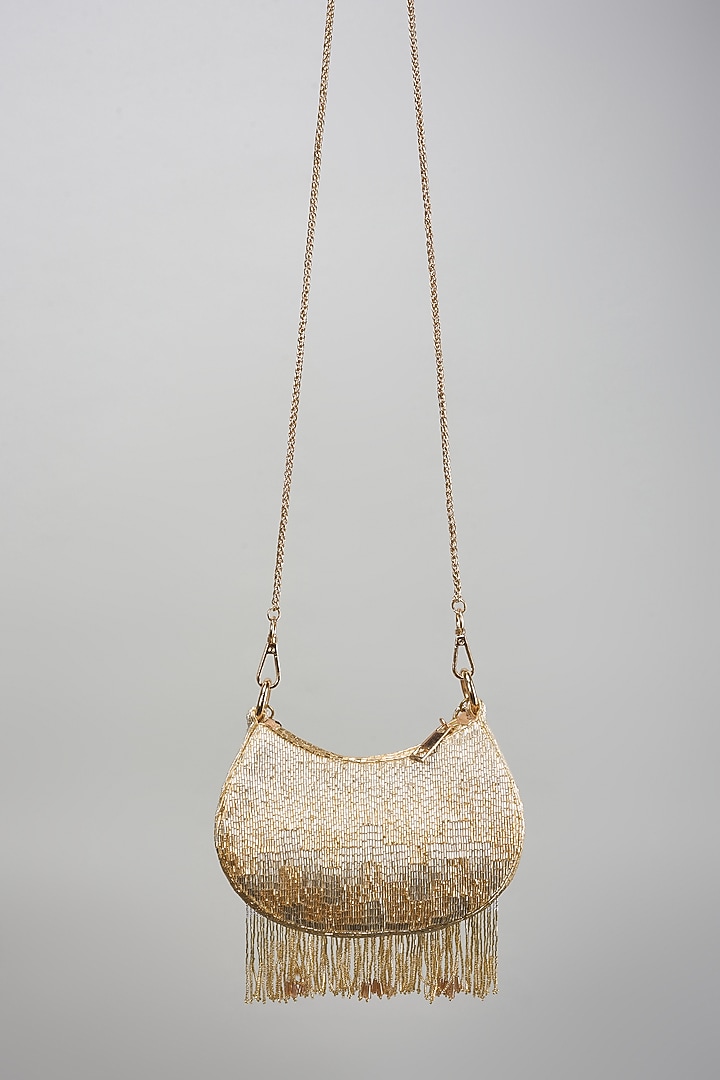 Golden Satin Micro Bead Hand Embroidered Clutch by Lovetobag at Pernia's Pop Up Shop