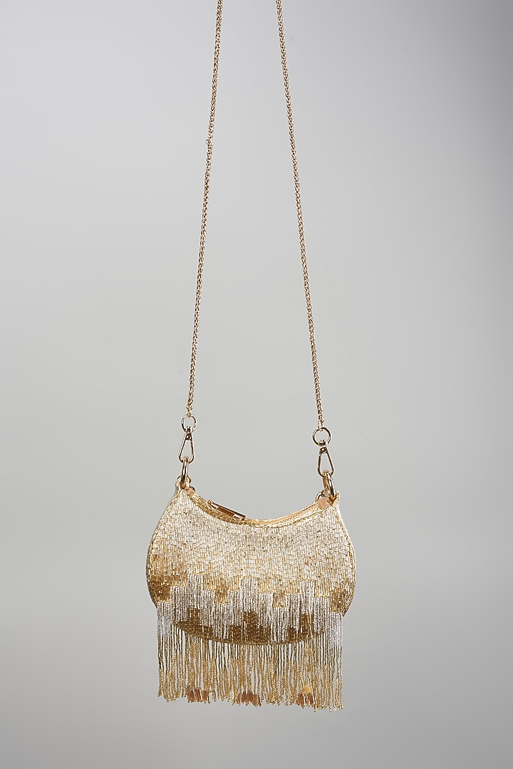 Golden Satin Micro Bead Hand Embroidered Clutch by Lovetobag at Pernia's Pop Up Shop