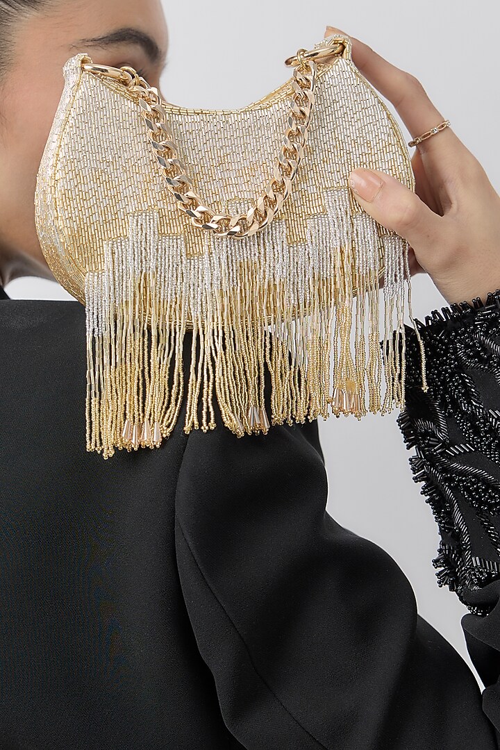 Golden Satin Micro Bead Hand Embroidered Clutch by Lovetobag at Pernia's Pop Up Shop