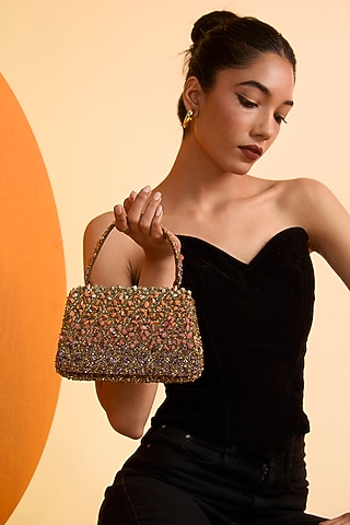 Red Satin Crystal Embroidered Flapover Clutch by Lovetobag