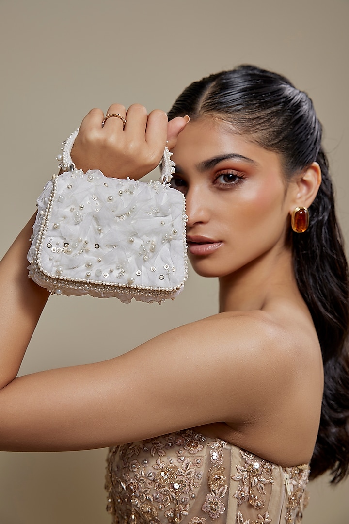 Ivory Organza Stone Hand Embroidered Mini Bag by Lovetobag at Pernia's Pop Up Shop