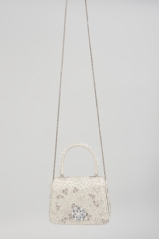 Silver Satin Embellished Trapezium Mini Bag by Lovetobag