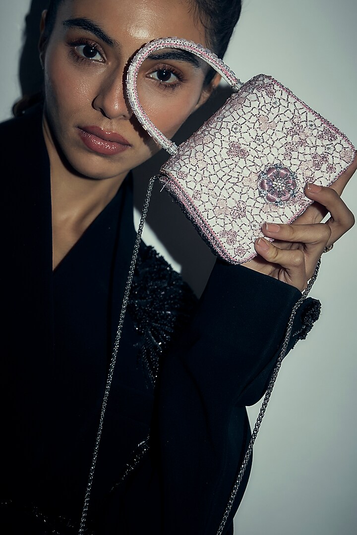 Pink Satin Zircon Mini Trapezium Bag by Lovetobag at Pernia's Pop Up Shop