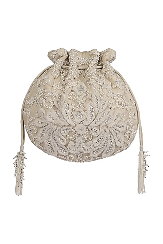 Ivory Embroidered Potli With Drawstrings by Lovetobag