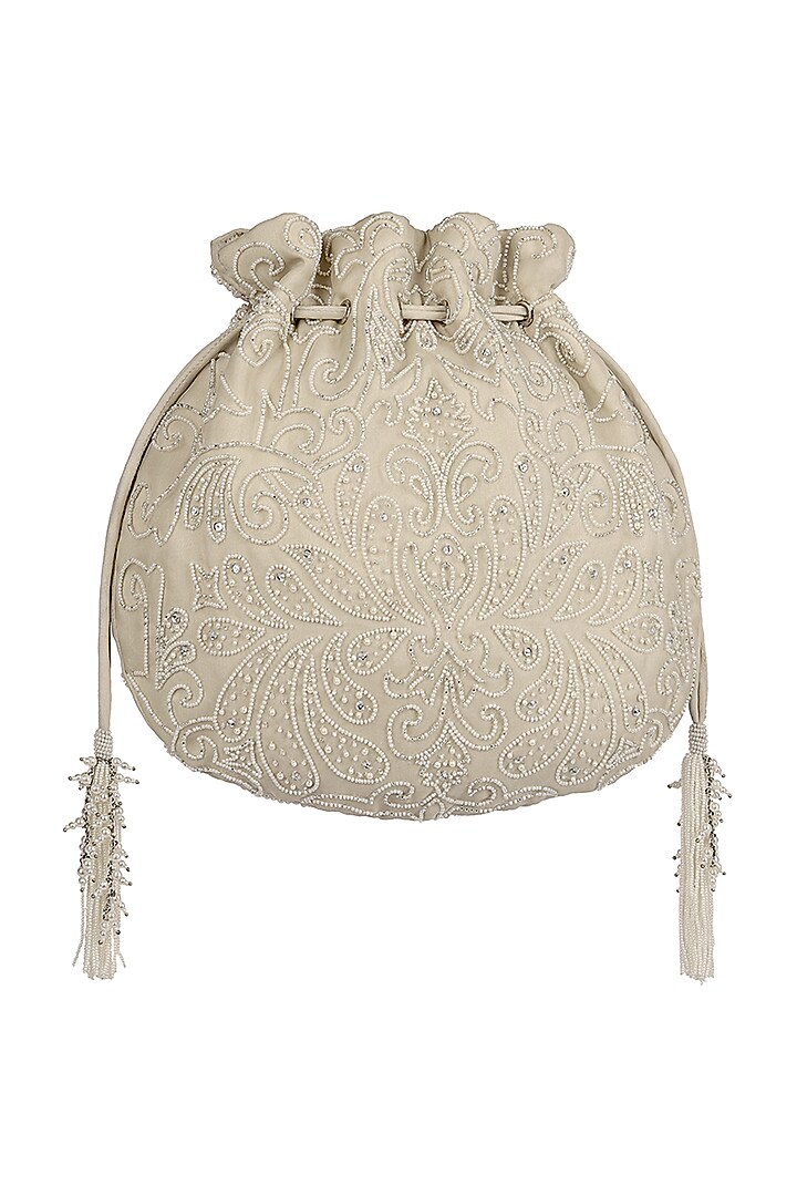 Ivory Embroidered Potli With Drawstrings by Lovetobag at Pernia's Pop Up Shop