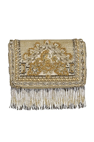 Golden Tassel Embroidered Flapover Clutch by Lovetobag