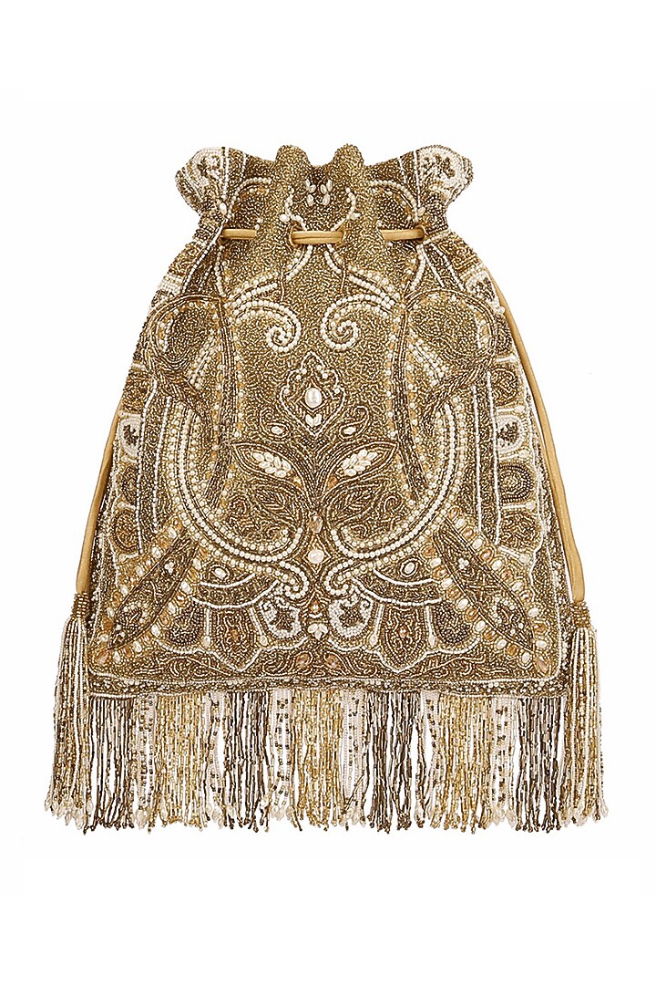 Golden Embroidered Potli With Drawstrings by Lovetobag at Pernia's Pop Up Shop