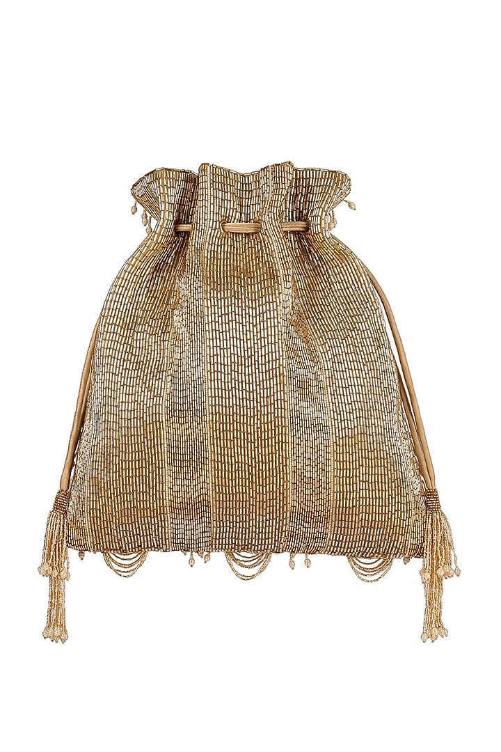 Golden Embroidered Potli With Drawstrings by Lovetobag at Pernia's Pop Up Shop