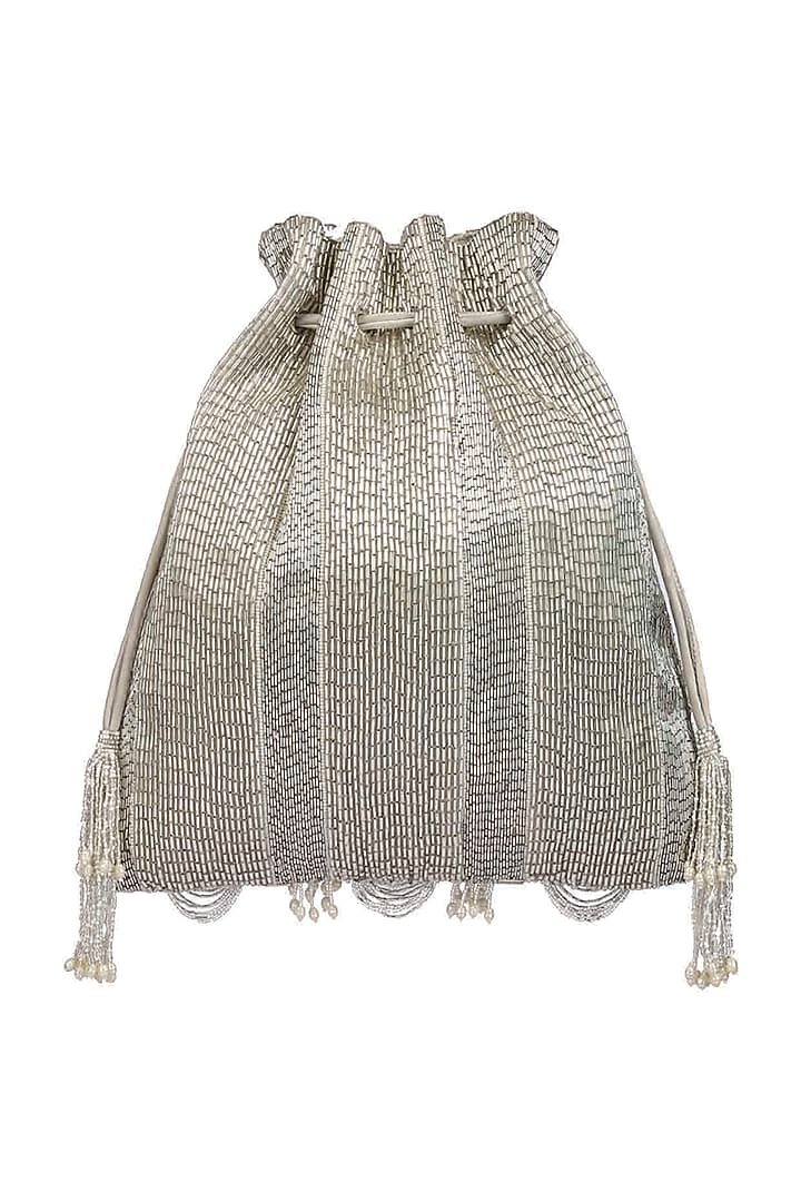 Silver Embroidered Potli With Drawstrings by Lovetobag at Pernia's Pop Up Shop