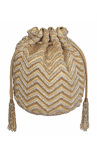 Champagne Embroidered Drawstring Potli by Lovetobag
