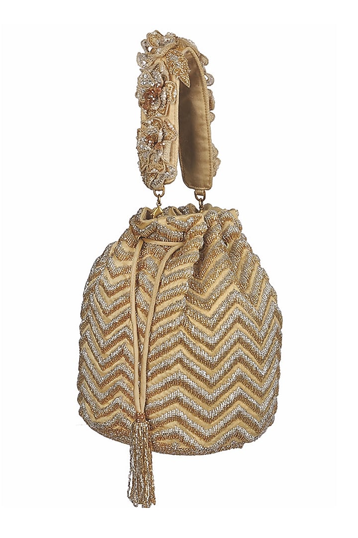 Champagne Embroidered Drawstring Potli by Lovetobag at Pernia's Pop Up Shop