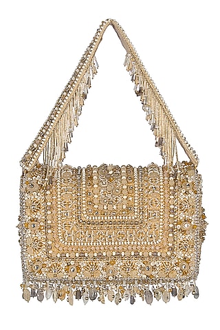 Gold Hand Embroidered Flapover Clutch With Handle by Lovetobag