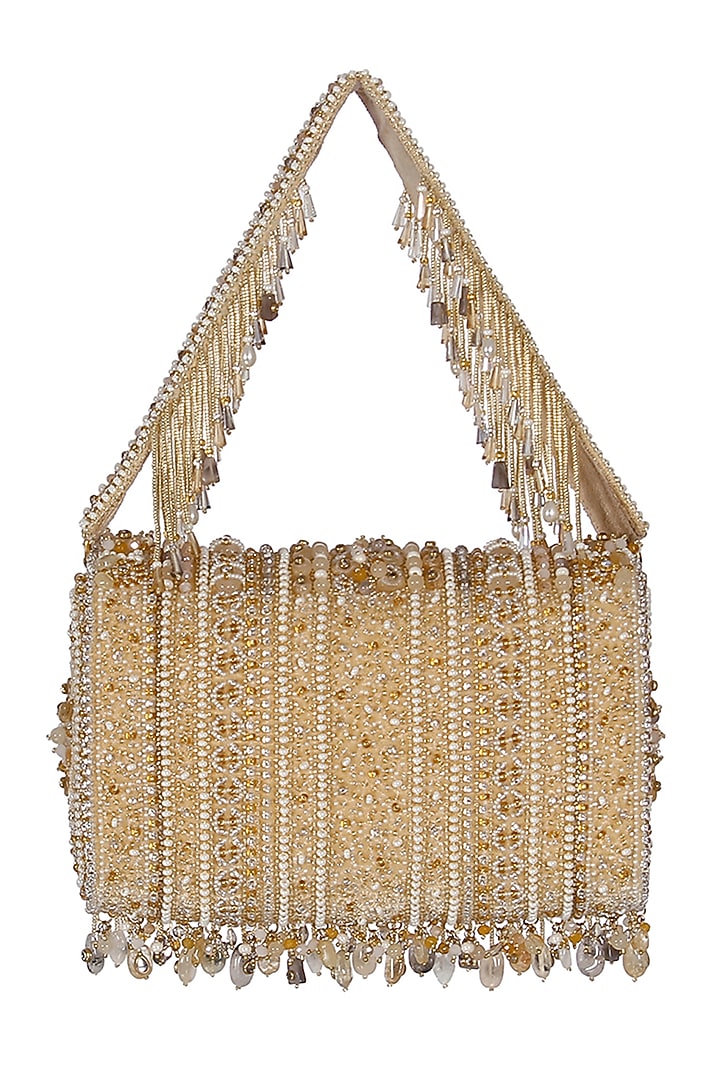 Gold Hand Embroidered Flapover Clutch With Handle by Lovetobag at Pernia's Pop Up Shop