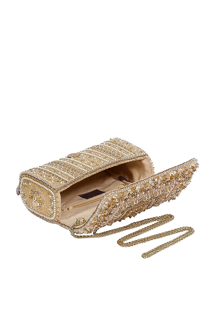 Gold Hand Embroidered Flapover Clutch With Handle by Lovetobag at Pernia's Pop Up Shop