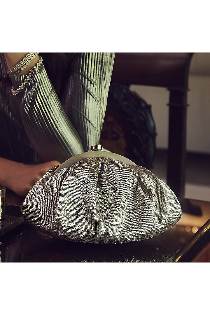 Silver Satin Embroidered Pouch by Lovetobag at Pernia's Pop Up Shop