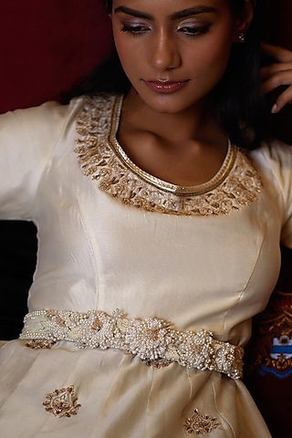 Pristine Ivory Satin Pearl Embellished Belt by Lovetobag