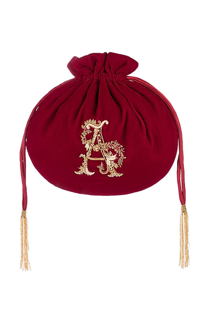 Ruby Red Hand Embroidered Monogram Potli by Lovetobag at Pernia's Pop Up Shop