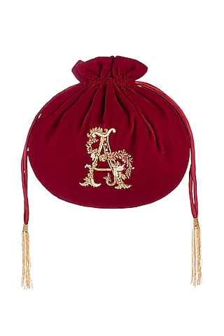 Ruby Red Hand Embroidered Monogram Potli by Lovetobag