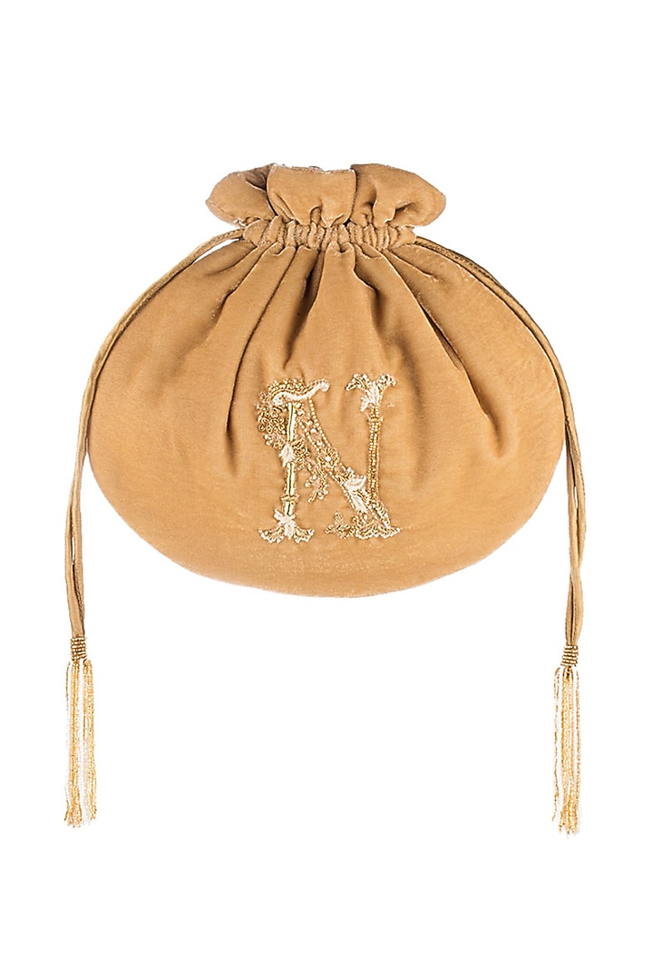 Champagne Beige Hand Embroidered Monogram Potli by Lovetobag at Pernia's Pop Up Shop