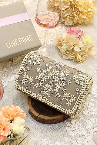 Jasper Grey Embroidered Clutch Bag by Lovetobag