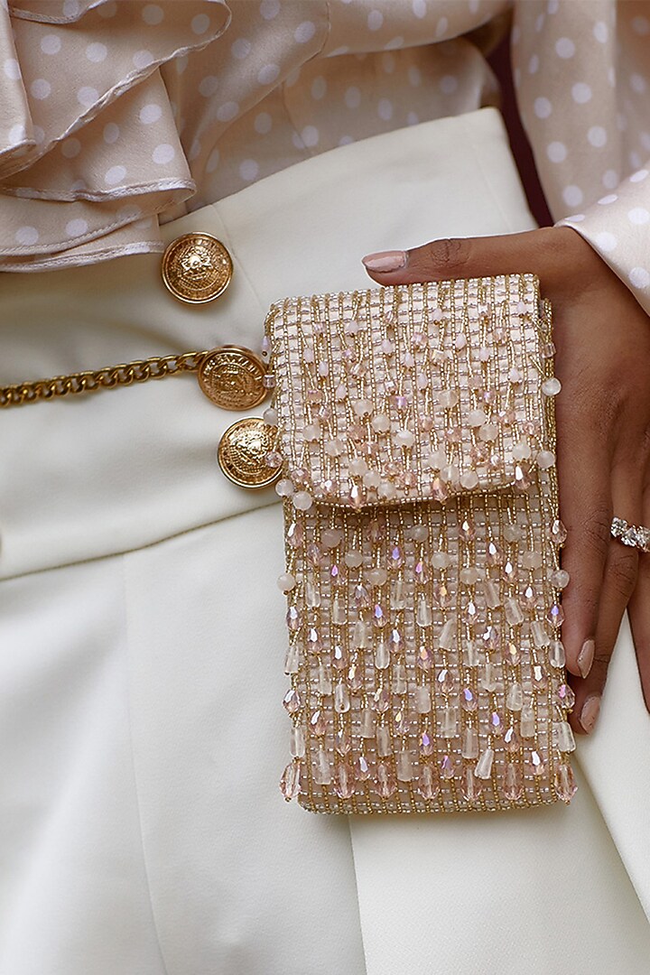Rose Quartz Pink Embroidered Phone Pouch by Lovetobag at Pernia's Pop Up Shop
