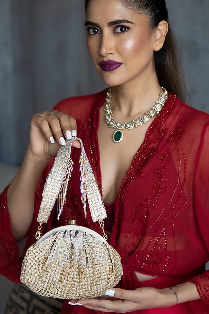 Gold & Silver Hand Embroidered Pouch by Lovetobag at Pernia's Pop Up Shop