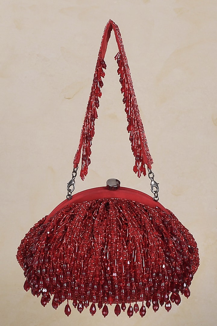 Carnelian Red Hand Embroidered Pouch by Lovetobag