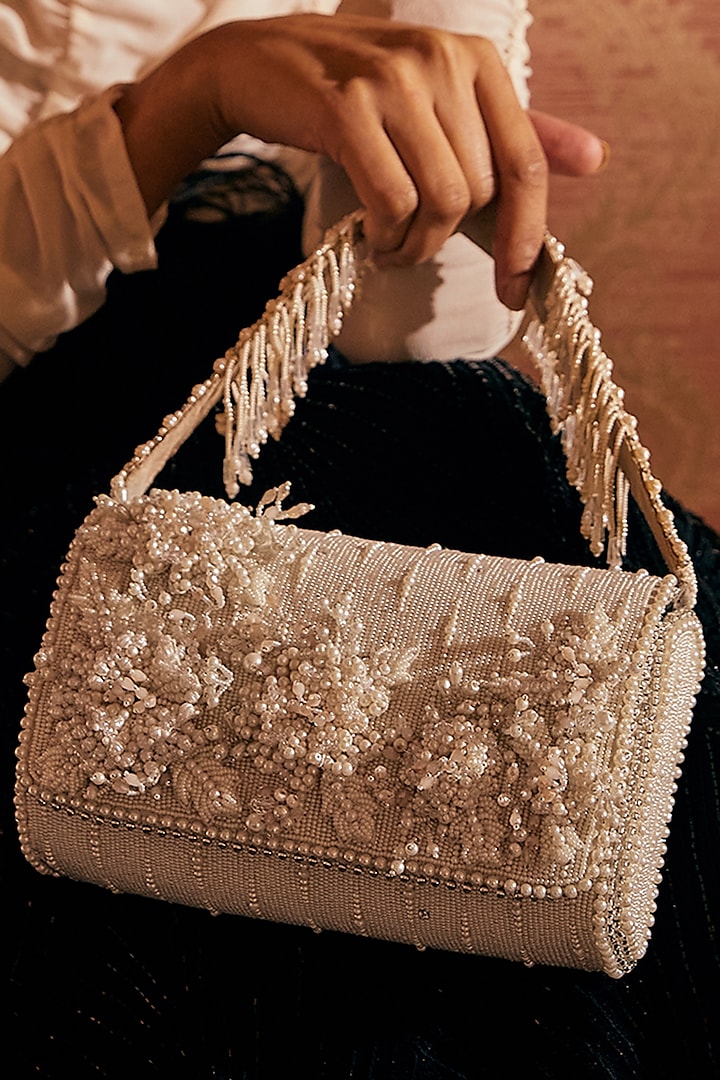 Pristine Ivory Floral Embellished Clutch Bag by Lovetobag