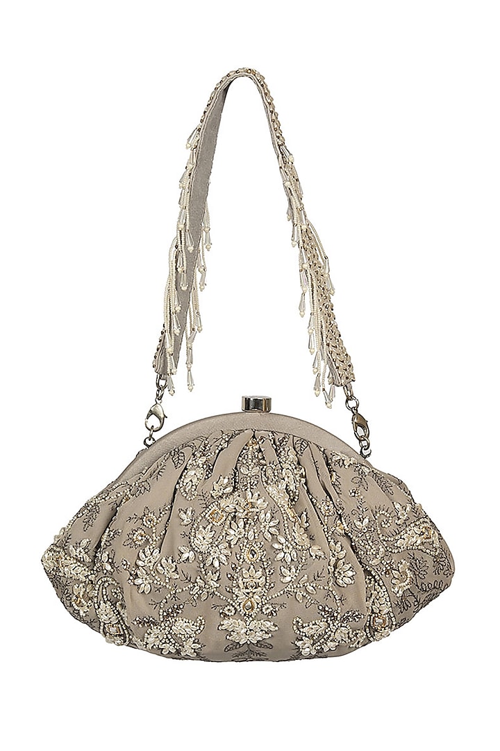 Jasper Grey Satin Kundan & Pearl Pouch by Lovetobag at Pernia's Pop Up Shop