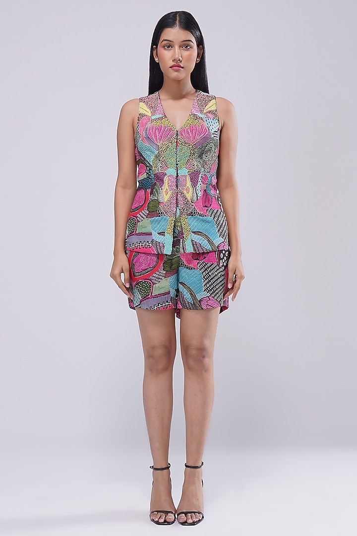 Multi-Colored Viscose Crepe Printed & Embellished Waistcoat by Lovetobag Apparel at Pernia's Pop Up Shop