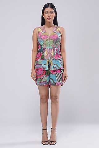 Multi-Colored Viscose Crepe Printed & Embellished Waistcoat by Lovetobag Apparel