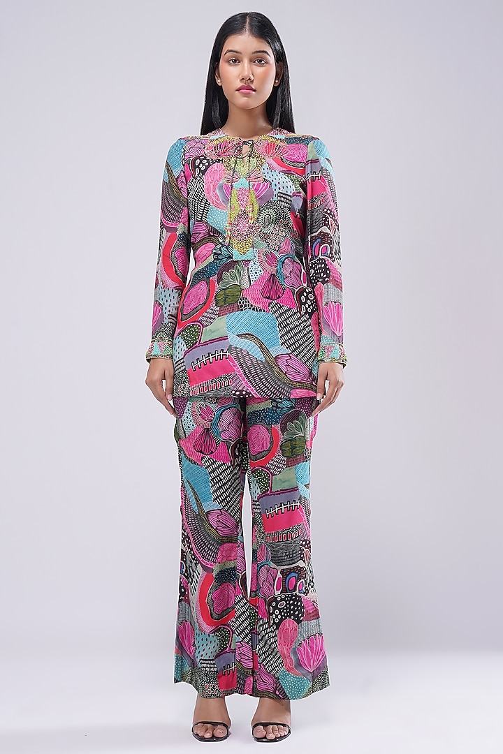Multi-Colored Viscose Crepe Printed & Embellished Short Kurta by Lovetobag Apparel at Pernia's Pop Up Shop