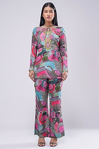 Multi-Colored Viscose Crepe Printed & Embellished Short Kurta by Lovetobag Apparel