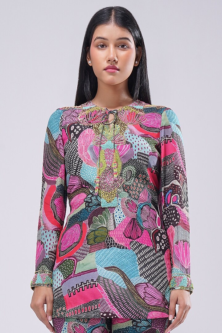 Multi-Colored Viscose Crepe Printed & Embellished Short Kurta by Lovetobag Apparel at Pernia's Pop Up Shop