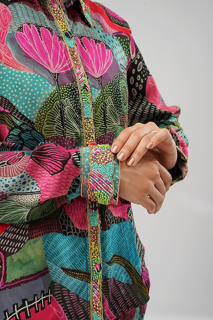 Multi-Colored Viscose Crepe Printed & Embellished Shirt by Lovetobag Apparel at Pernia's Pop Up Shop