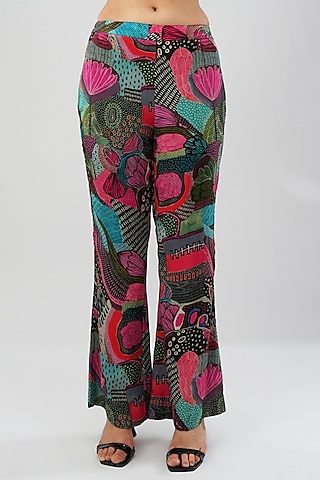 Multi-Colored Viscose Crepe Printed Flared Pants by Lovetobag Apparel