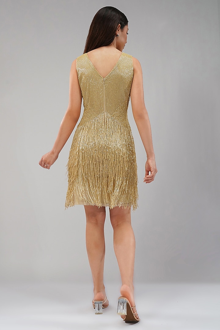 Champagne Beige Net & Lycra Glass Bead Embellished Short Vacation Dress by Lovetobag Apparel at Pernia's Pop Up Shop