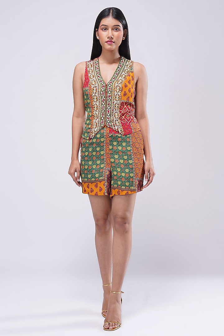 Multi-Colored Crepe Printed & Embellished Waistcoat by Lovetobag Apparel at Pernia's Pop Up Shop