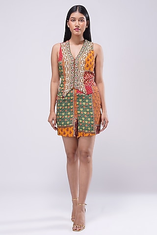 Multi-Colored Crepe Printed & Embellished Waistcoat by Lovetobag Apparel