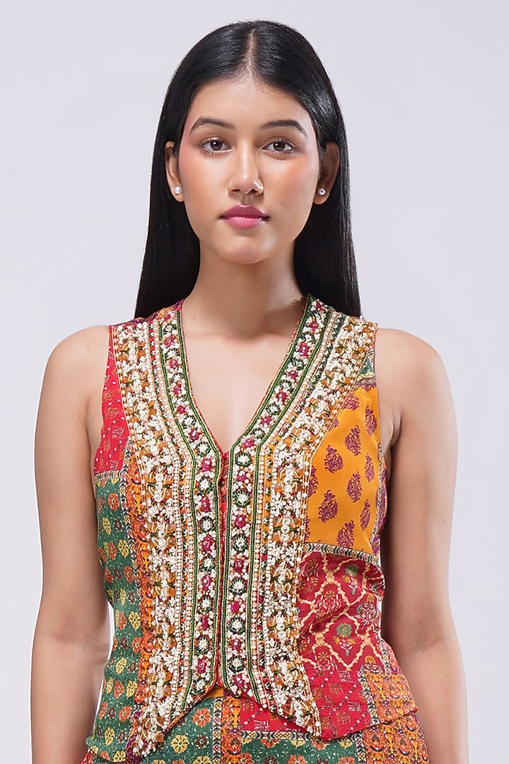 Multi-Colored Crepe Printed & Embellished Waistcoat by Lovetobag Apparel at Pernia's Pop Up Shop