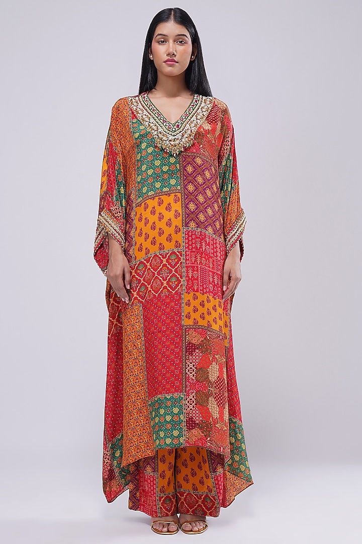 Multi-Colored Crepe Printed & Embellished Kaftan by Lovetobag Apparel at Pernia's Pop Up Shop