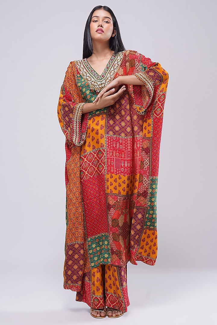 Multi-Colored Crepe Printed & Embellished Kaftan by Lovetobag Apparel at Pernia's Pop Up Shop