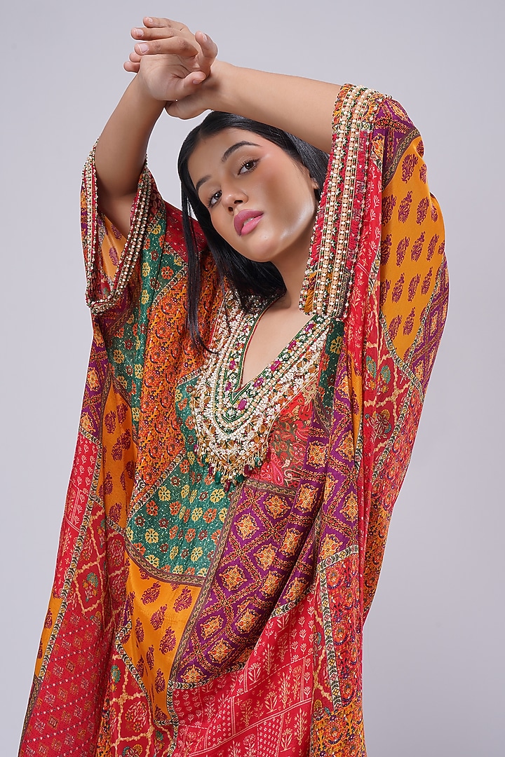 Multi-Colored Crepe Printed & Embellished Kaftan by Lovetobag Apparel at Pernia's Pop Up Shop