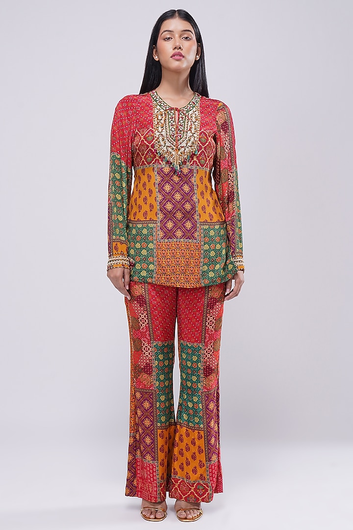 Multi-Colored Crepe Printed & Embellished Short Kurta by Lovetobag Apparel at Pernia's Pop Up Shop