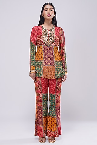 Multi-Colored Crepe Printed & Embellished Short Kurta by Lovetobag Apparel