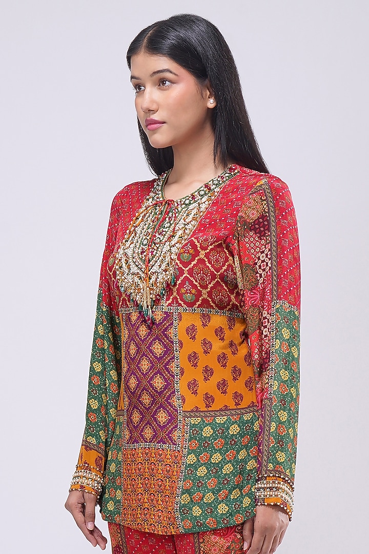 Multi-Colored Crepe Printed & Embellished Short Kurta by Lovetobag Apparel at Pernia's Pop Up Shop
