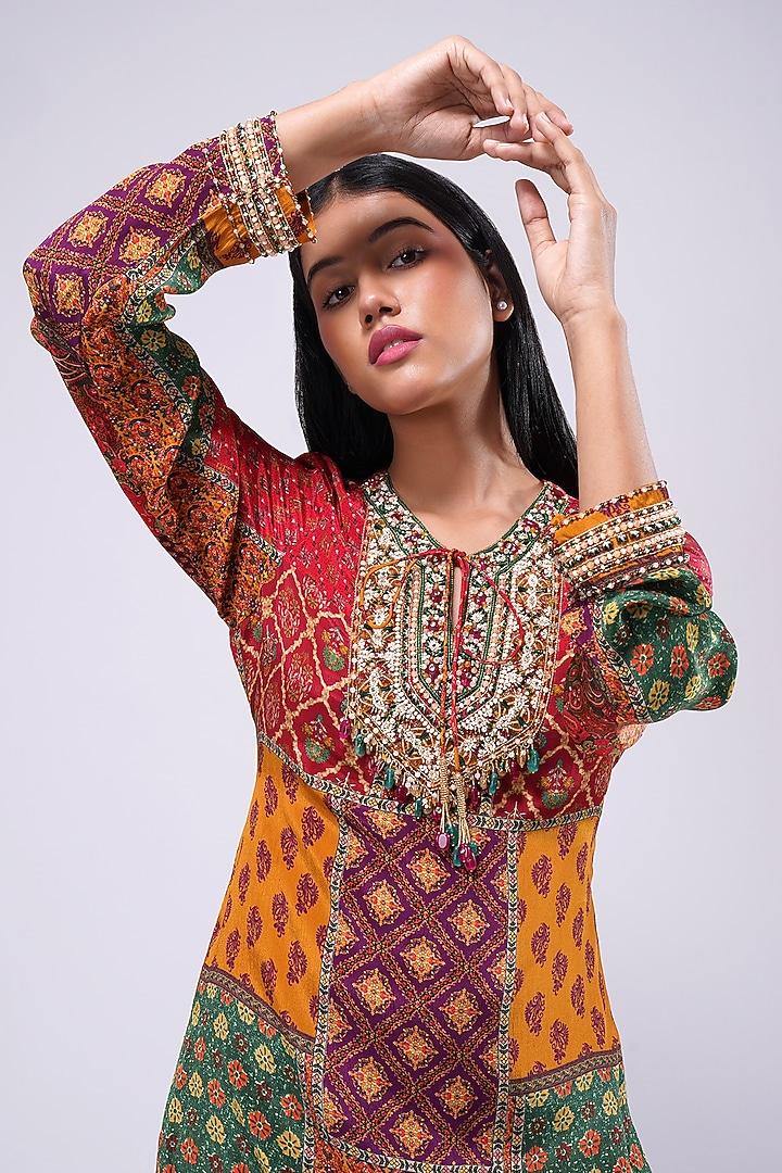 Multi-Colored Crepe Printed & Embellished Short Kurta by Lovetobag Apparel at Pernia's Pop Up Shop