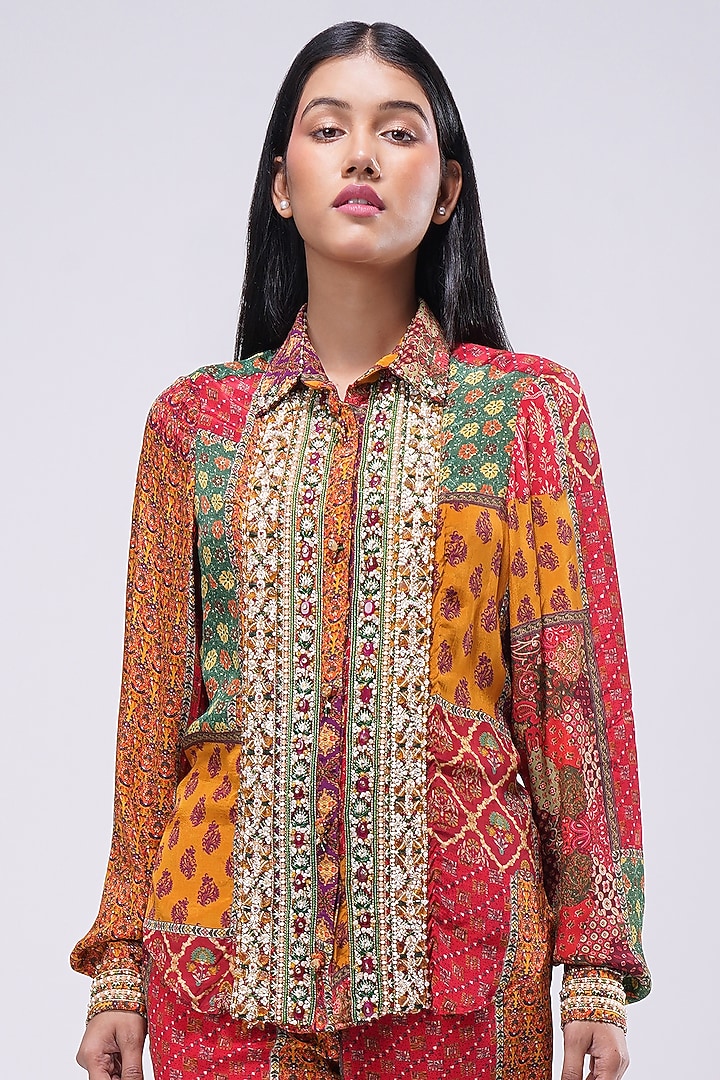 Multi-Colored Crepe Printed & Embellished Shirt by Lovetobag Apparel at Pernia's Pop Up Shop